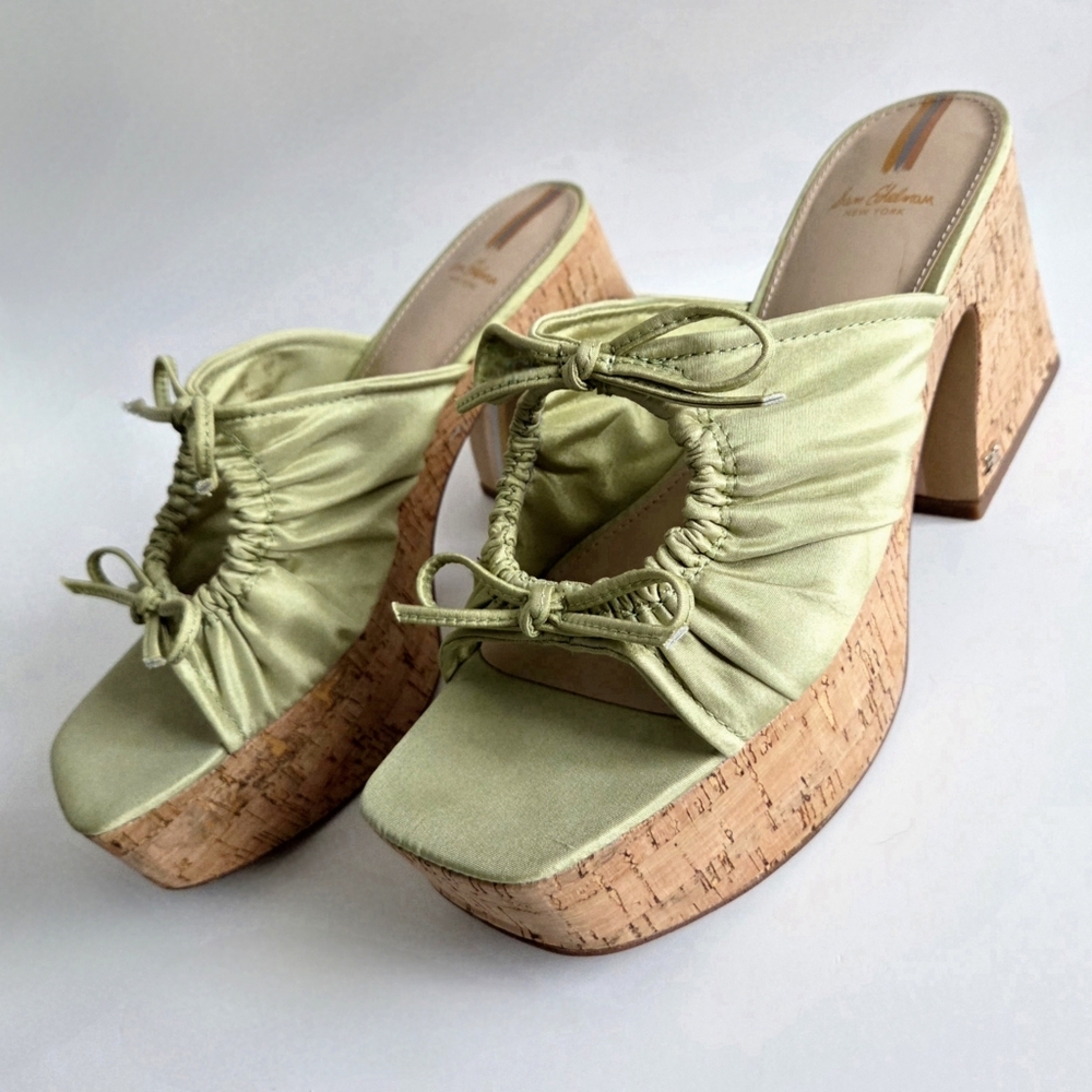 Sam Edelman Cork Platform Slip-On Sandals, Green Satin & Cork, EUC Size 9 - Picture 7 of 16